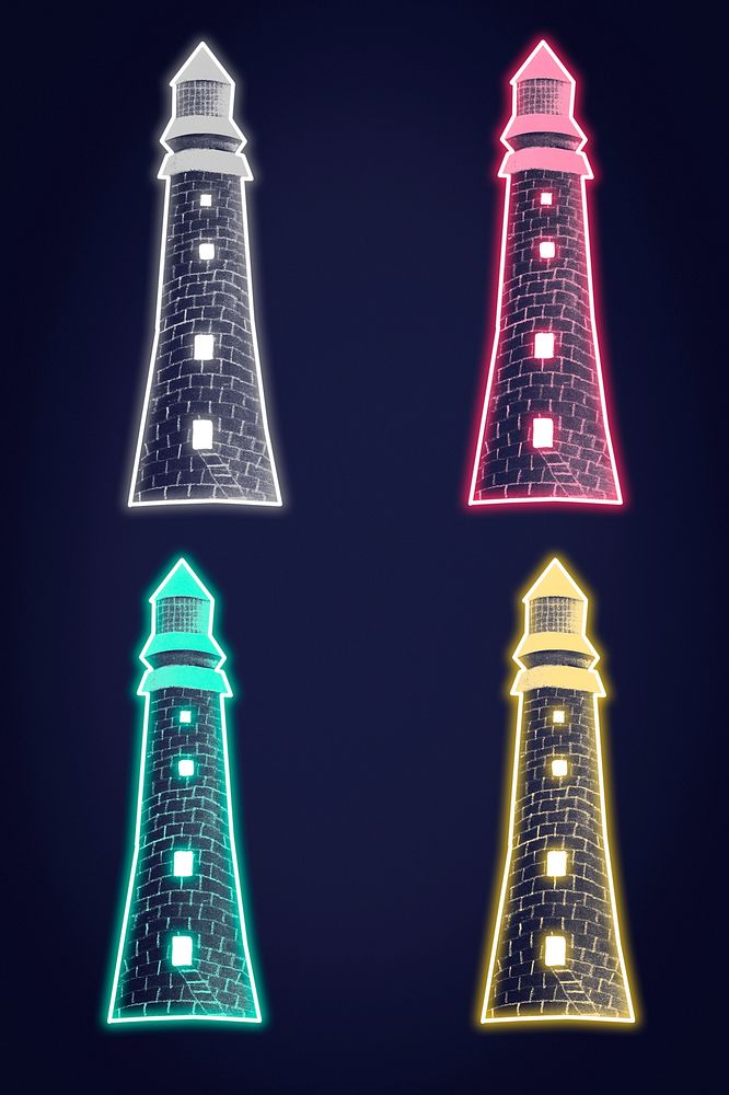 Eddystone Lighthouse neon light set vintage illustration