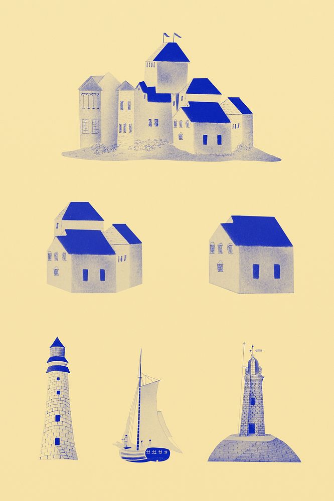 Vintage drawings of buildings set