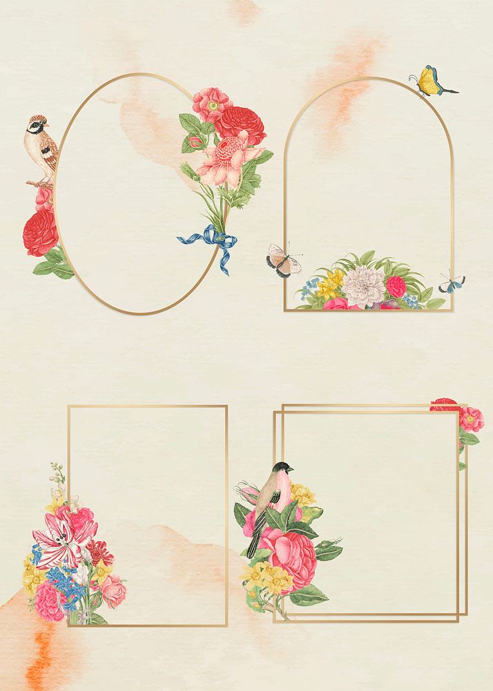 Vintage floral gold frame vector set, remixed from the 18th-century artworks from the Smithsonian archive.
