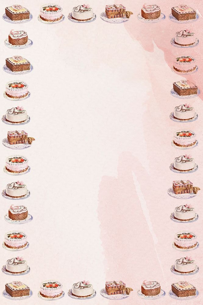 Fancy cakes frame on a pink watercolor background