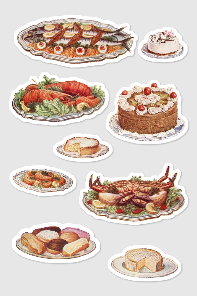 Hand drawn set of food and desserts sticker with white border