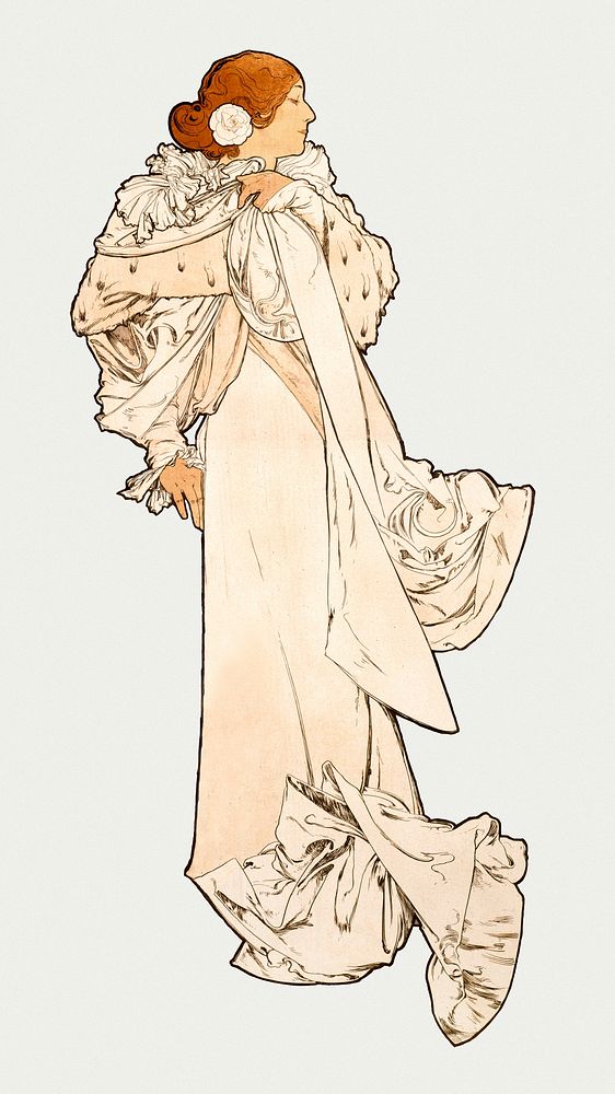 Art nouveau woman from behind psd, remixed from the artworks of Alphonse Maria Mucha