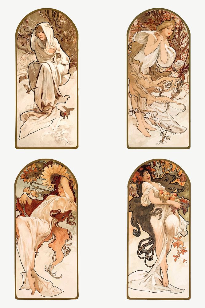 Art nouveau lady four seasons vector, remixed from the artworks of Alphonse Maria Mucha