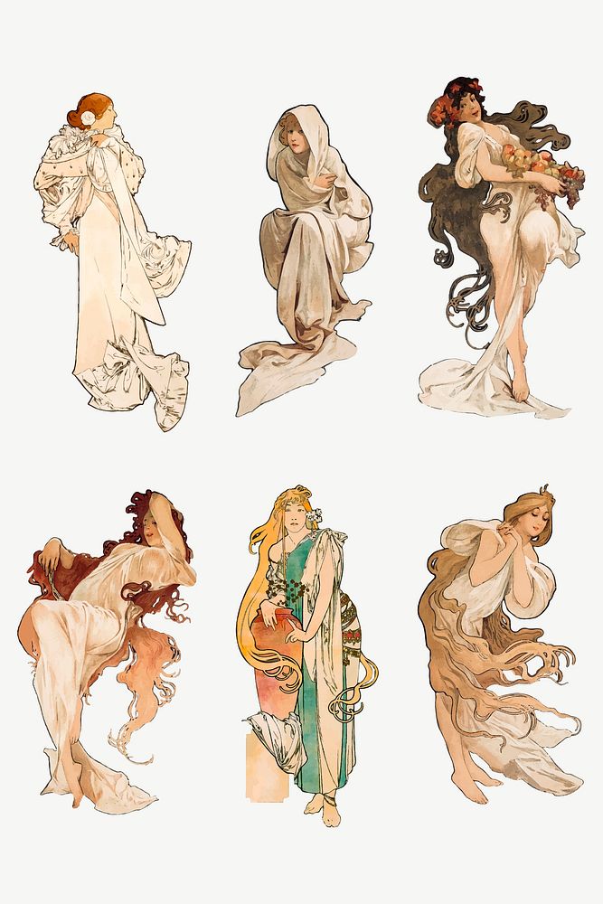 Art nouveau lady collection vector, remixed from the artworks of Alphonse Maria Mucha