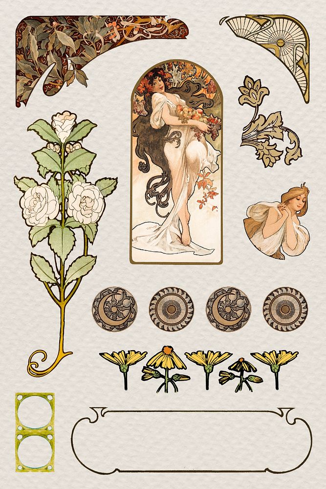 Art nouveau woman and ornament psd set, remixed from the artworks of Alphonse Maria Mucha