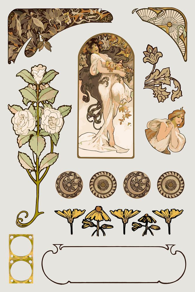 Ornament and woman art nouveau vector set, remixed from the artworks of Alphonse Maria Mucha