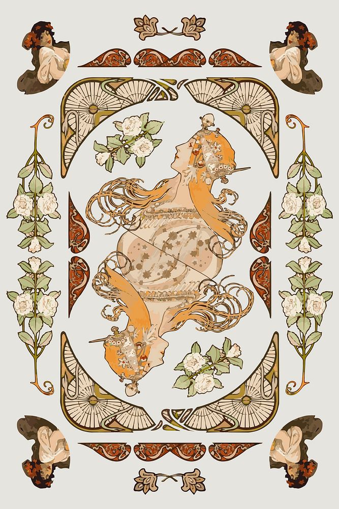 Woman and ornament art nouveau vector set, remixed from the artworks of Alphonse Maria Mucha