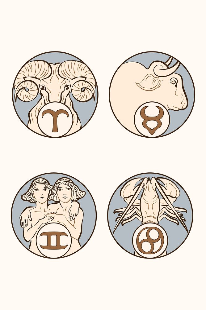 Art nouveau aries, taurus, gemini and cancer zodiac signs vector, remixed from the artworks of Alphonse Maria Mucha