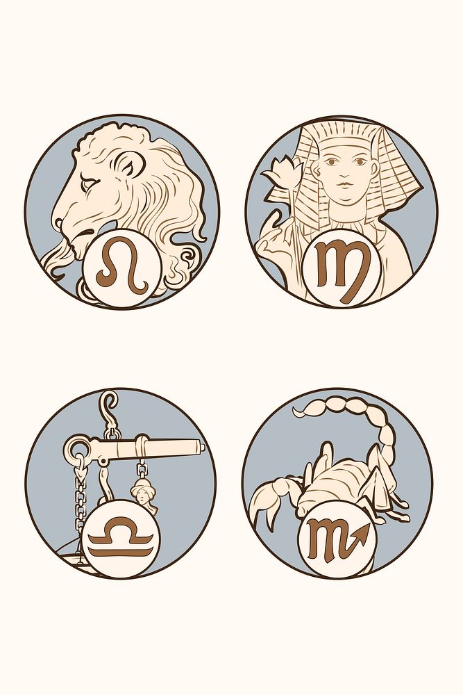 Art nouveau leo, virgo, libra and scorpio zodiac signs vector, remixed from the artworks of Alphonse Maria Mucha