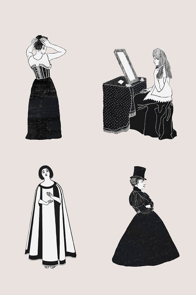 Vintage woman character art print vector set, remix from artworks by Samuel Jessurun de Mesquita