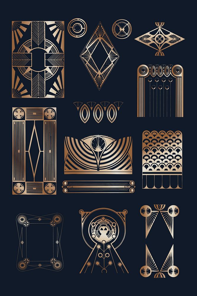Vintage golden Gatsby patterned ornament vector art print, remix from artworks by Samuel Jessurun de Mesquita