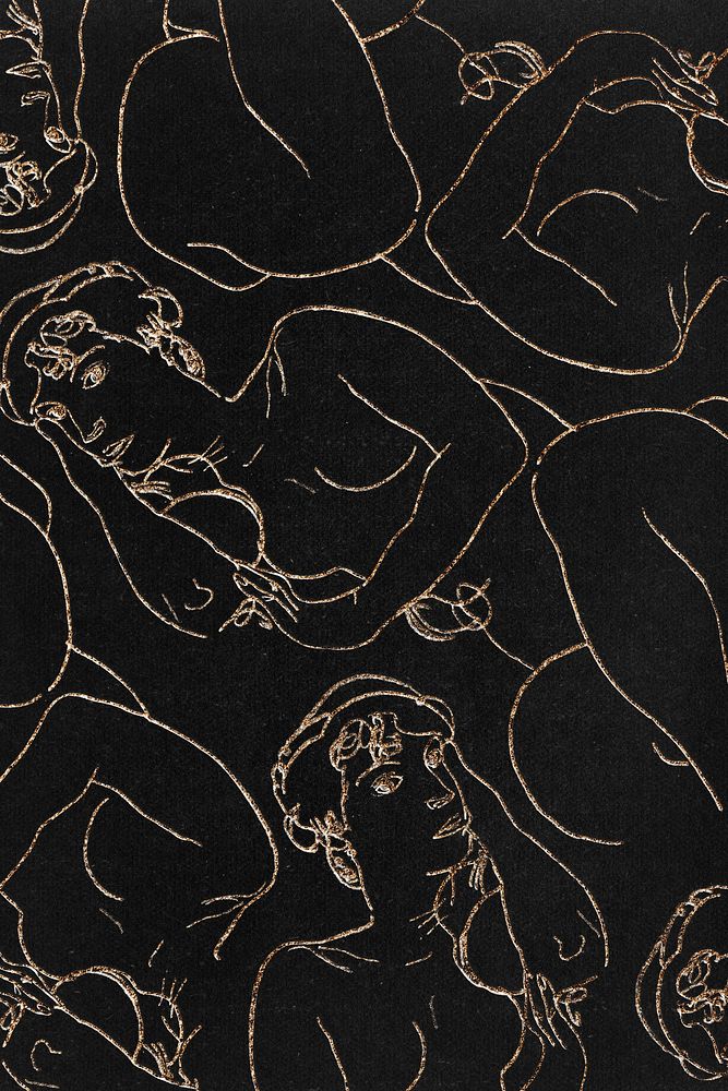 Golden women line art drawing patterned background remixed from the artworks of Egon Schiele.