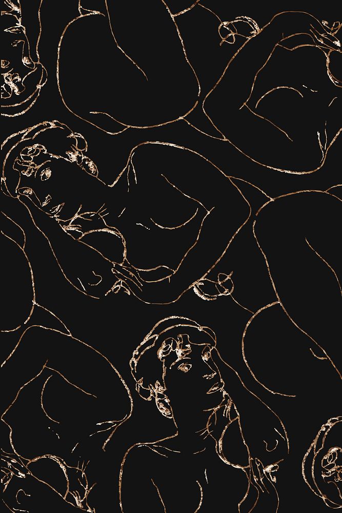 Golden women line art drawing patterned background vector remixed from the artworks of Egon Schiele.