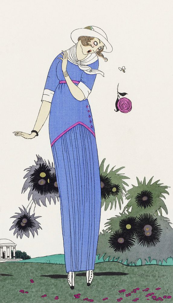 Woman in blue vintage flapper dress, remixed from the artworks by Charles Martin