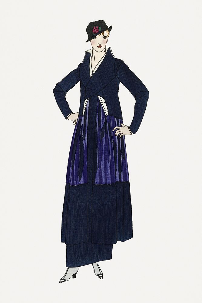 Woman in blue vintage flapper dress, remixed from the artworks by Bernard Boutet de Monvel