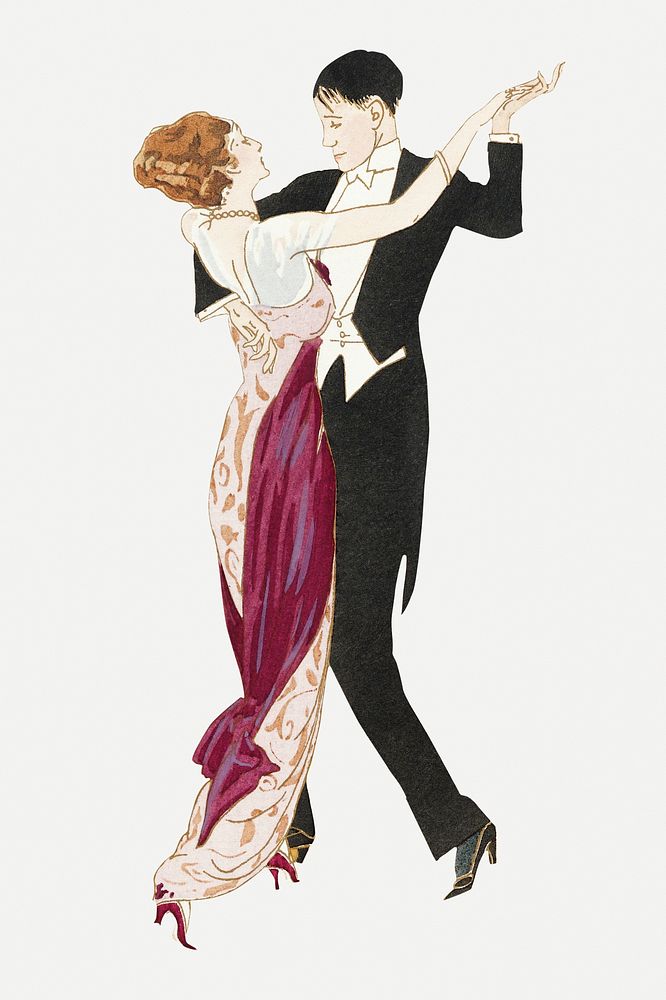 Couple dancing together illustration, remixed from vintage illustration published in Gazette du Bon Ton