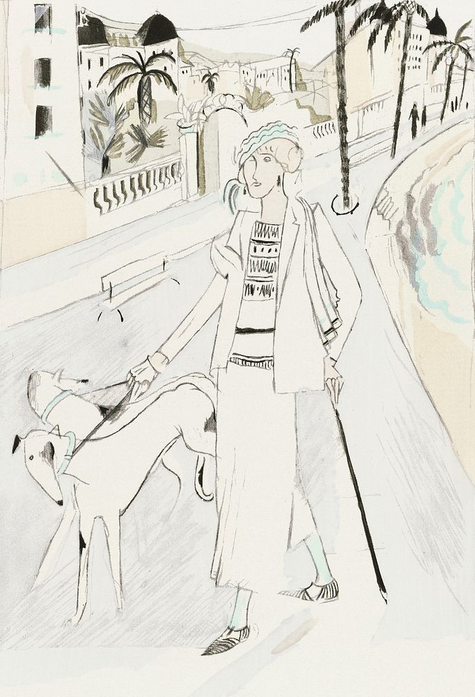 Flapper woman walking a dog, remixed from vintage illustration published in Gazette du Bon Ton
