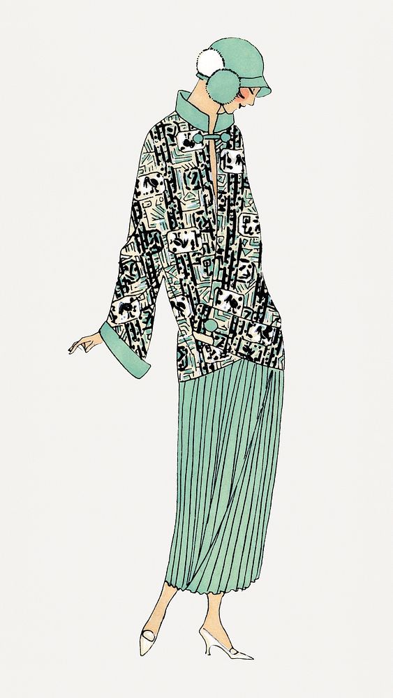 Woman in green flapper dress, remixed from vintage illustration published in Tr&egrave;s Parisien