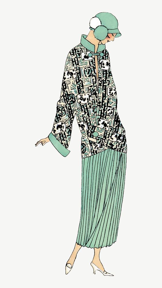 Woman vector in green flapper dress, remixed from vintage illustration published in Tr&egrave;s Parisien