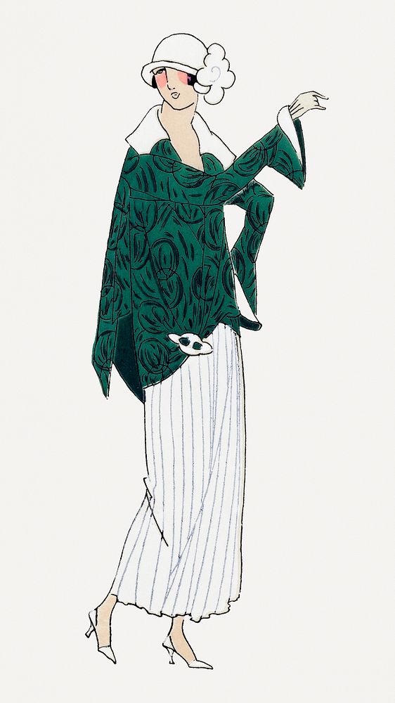 Woman with overcoat and flapper dress, remixed from vintage illustration published in Tr&egrave;s Parisien