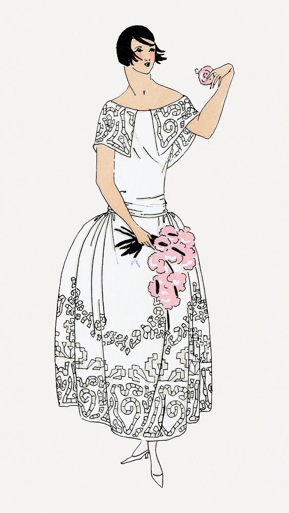 Flapper woman with flower, remixed from vintage illustration published in Tr&egrave;s Parisien