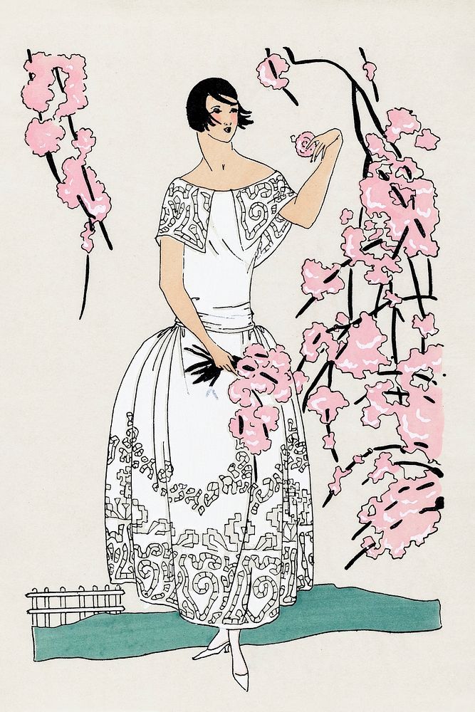 Flapper woman with cherry blossom , remixed from vintage illustration published in Tr&egrave;s Parisien