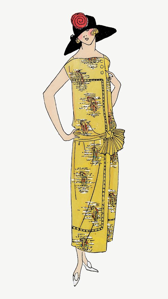 Woman vector in yellow flapper dress, remixed from vintage illustration published in Tr&egrave;s Parisien