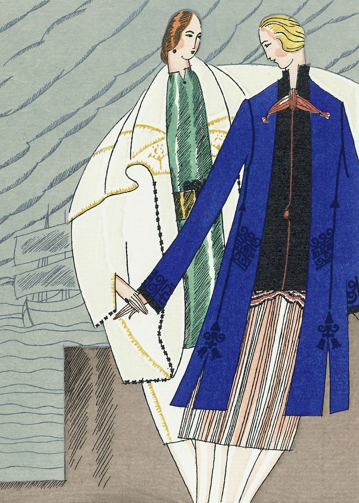 Women in fashionable dress from the 1920s, remixed from vintage illustration published in Gazette du Bon Ton