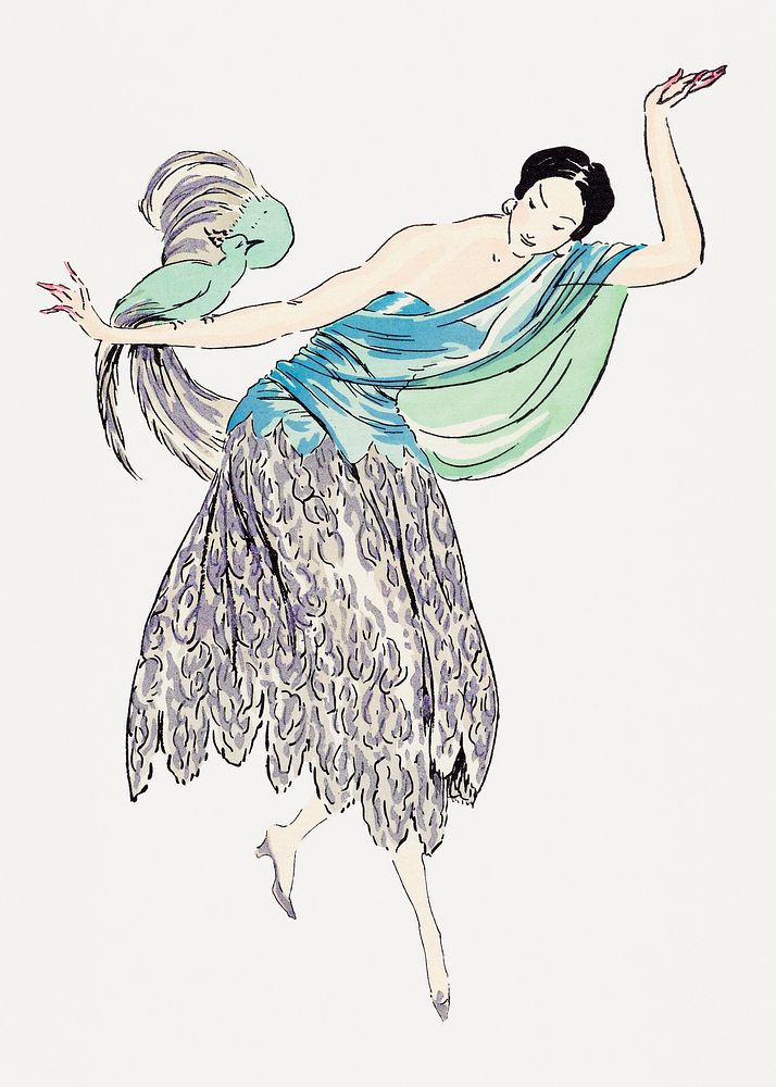 Vintage flapper woman with bird, remixed from vintage illustration published in Gazette du Bon Ton