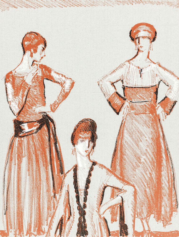 Women in vintage dresses illustration, remixed from the artworks by Jeanne Lanvin and Paul Poiret