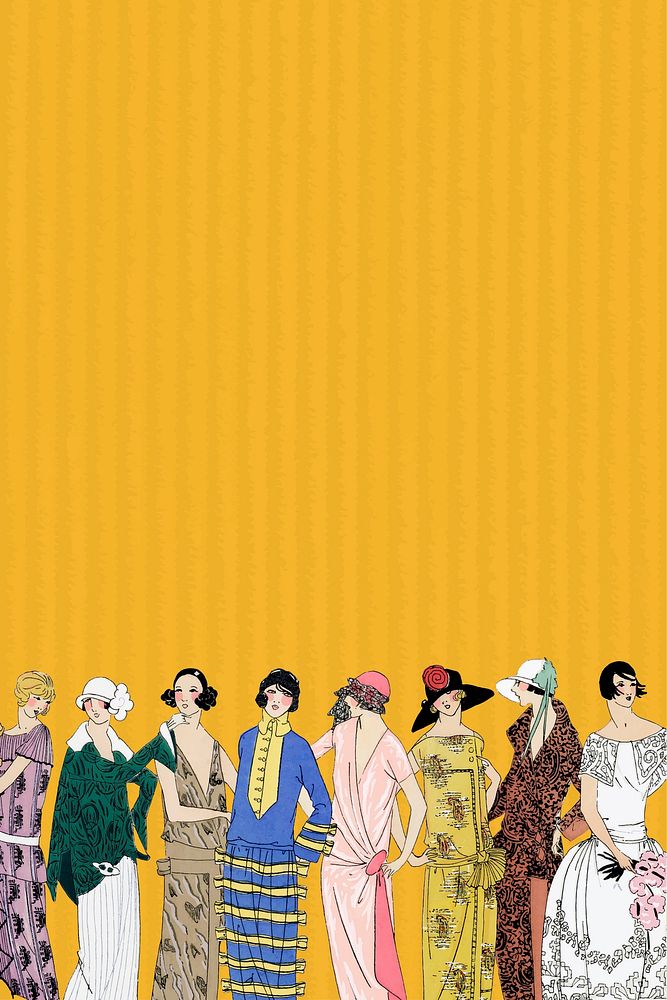 Yellow background vector featuring vintage women fashion from 1920s, remixed from vintage illustration published in…