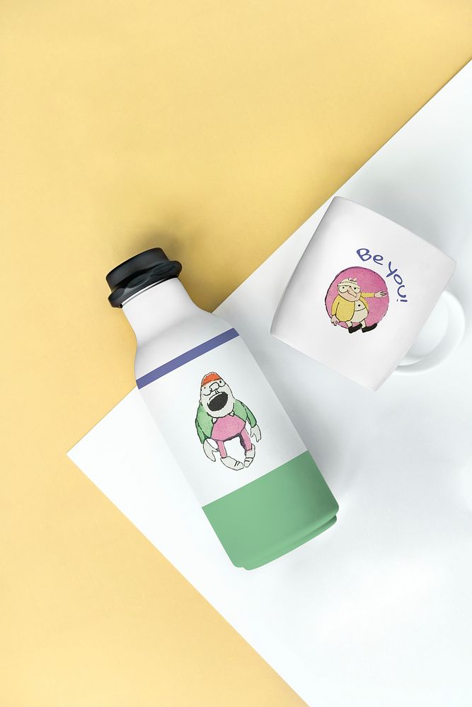 Bottle and mug with cartoon illustration remix from the artworks by Charles Martin