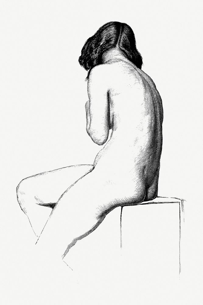 Naked woman posing sexually and showing her bum, vintage art. Nude woman posing vintage sensual hand drawn illustration