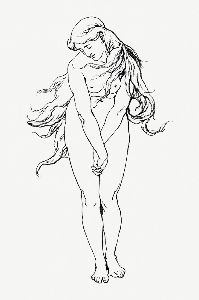 Nude woman posing vintage sensual hand drawn illustration
