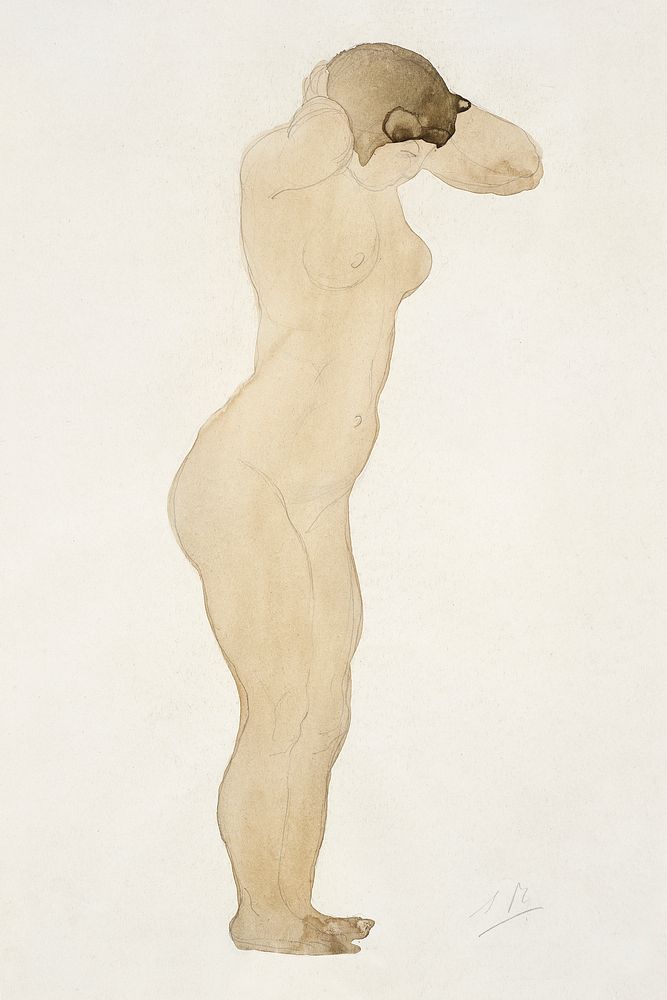 Naked woman posing sensually, vintage erotic art. Standing Nude, Hands Clasped Behind Neck by Auguste Rodin. Original from…
