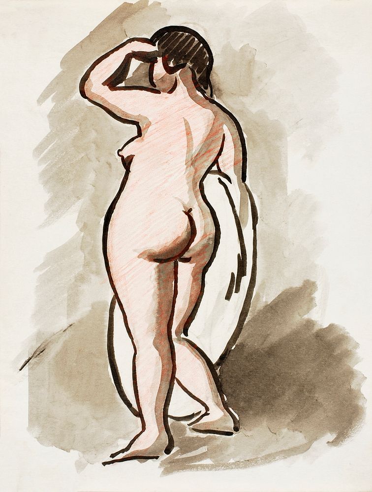 Woman showing off naked bum, vintage nude illustration. Standing Female Nude by Carl Newman. Original from The Smithsonian.…