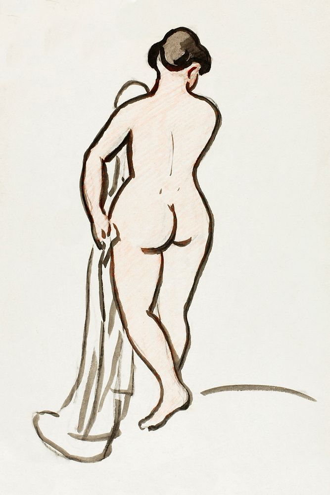 Naked woman showing bottom in sensual position, vintage nude illustration. Back View of Female Nude by Carl Newman. Original…