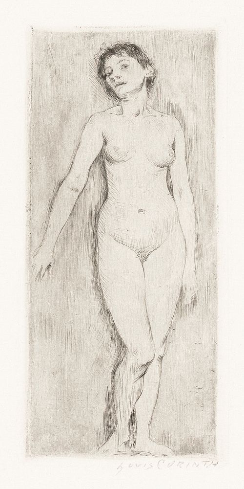 Naked woman showing her breasts, vintage nude illustration. Standing Female Nude (1896) by Lovis Corinth. Original from The…