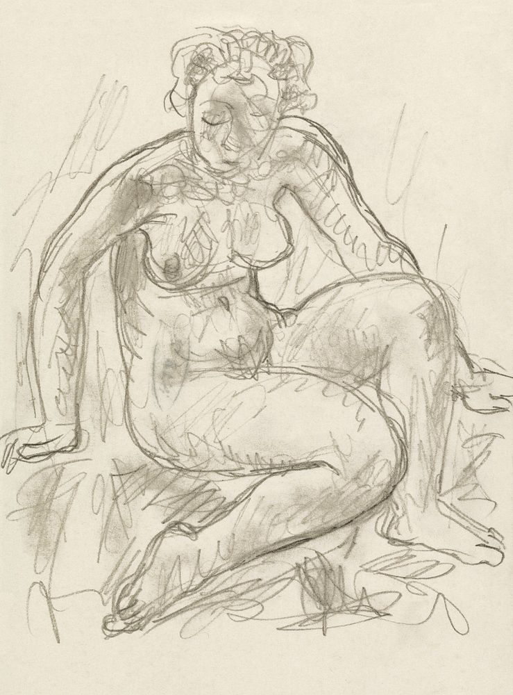 Naked woman showing her breasts, vintage nude illustration. Seated Female Nude (1891&ndash;1941) by Leo Gestel. Original…
