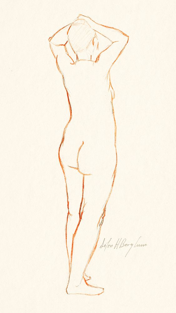 Naked woman showing bottom in sensual position, vintage nude illustration. Nude by Solon H. Borglum. Original from The…
