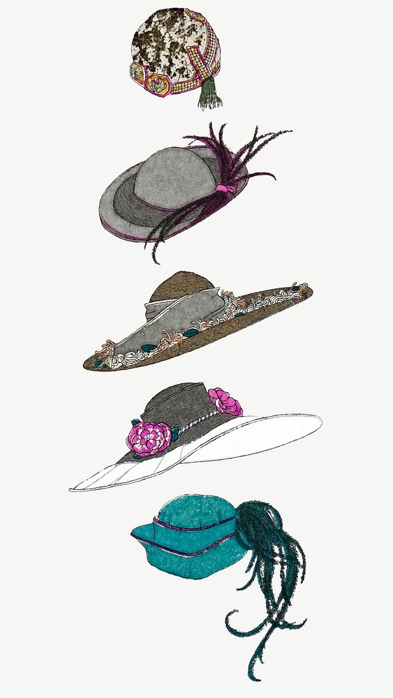 Vintage ladies hat illustration vector set, remix from artworks by Charles Martin