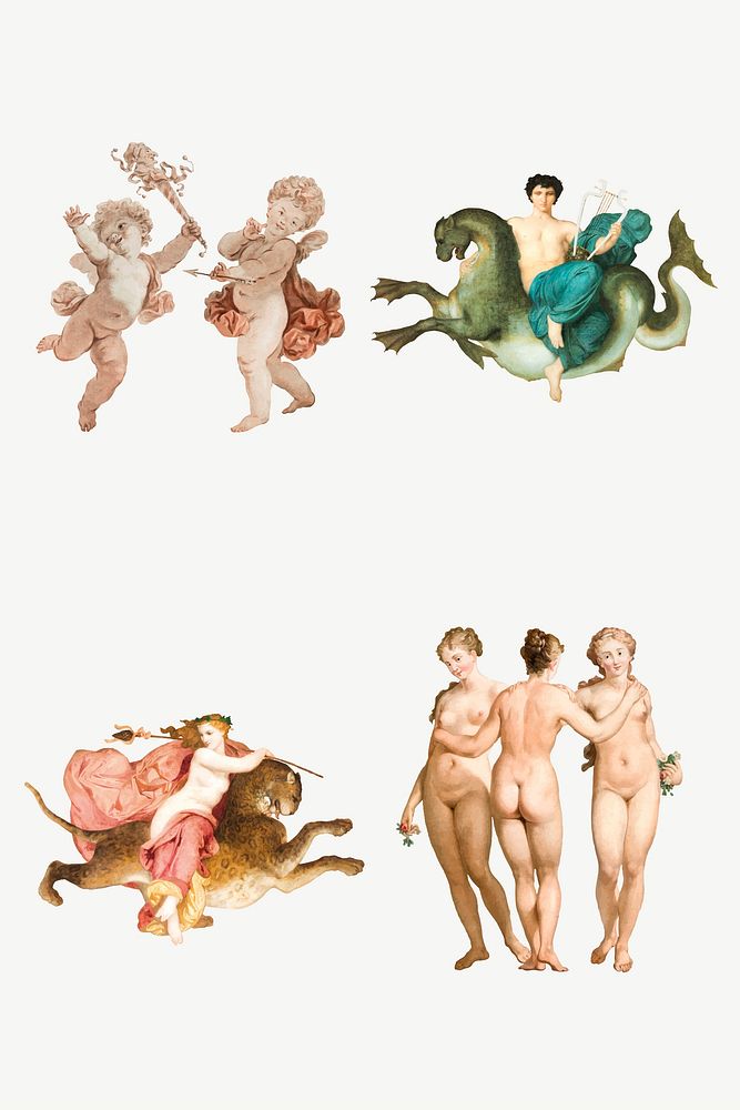 Vintage cupid, gods and nude woman illustration vector set
