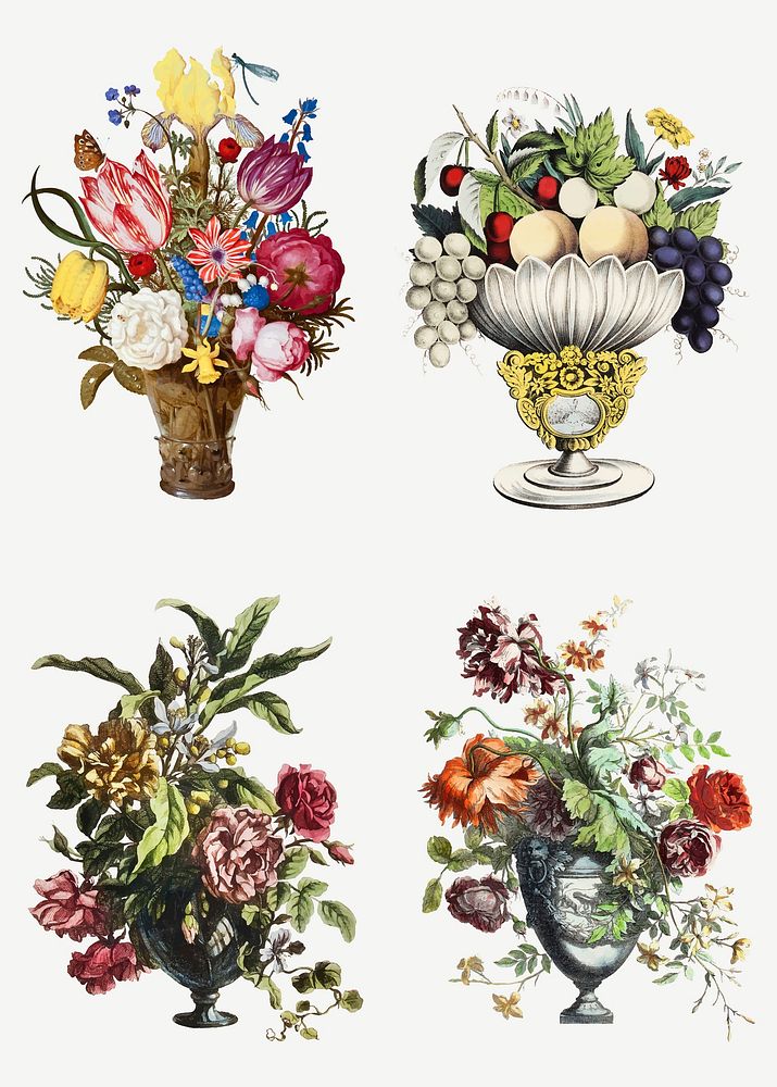 Vintage colorful flowers vector illustration set