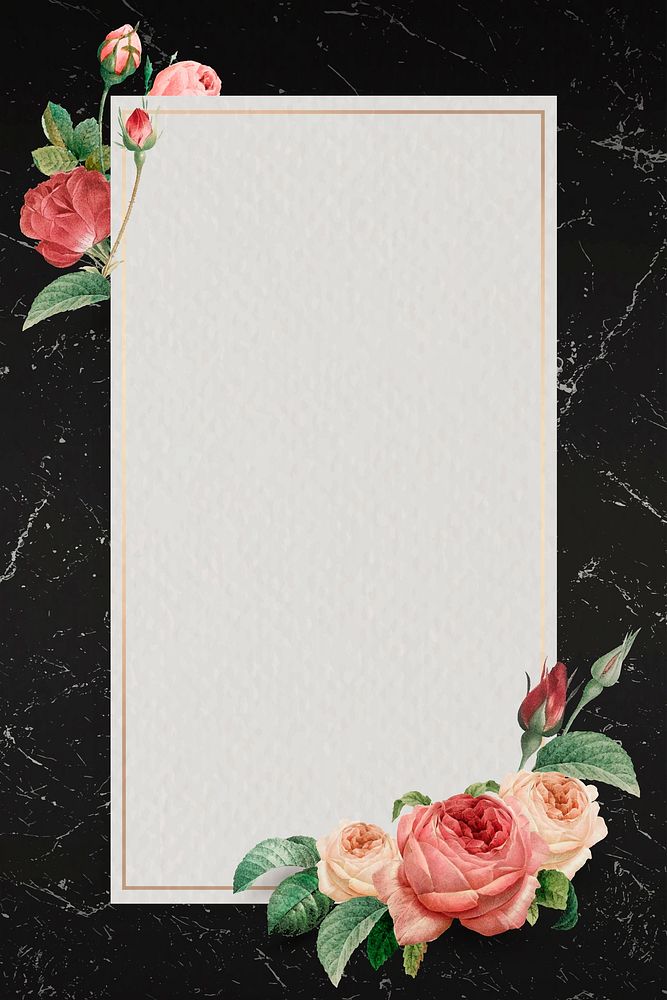 Pink rose frame on a marble textured background vector