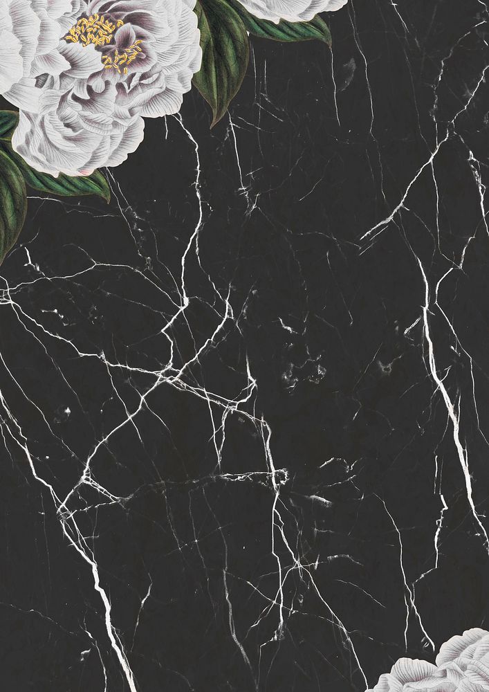 Vintage white peony flower frame on black marble background design element
