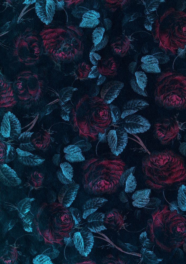 Vintage dark red rose flower with blue leaf pattern background design resource