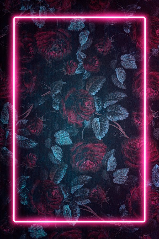 Pink neon frame on vintage dark red rose flower background design element