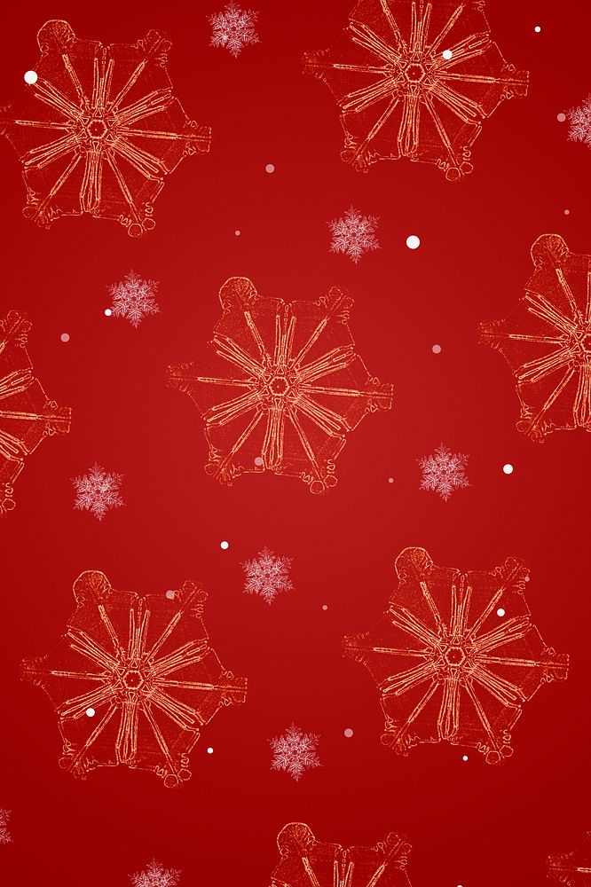 Red new year snowflake pattern background, remix of photography by Wilson Bentley