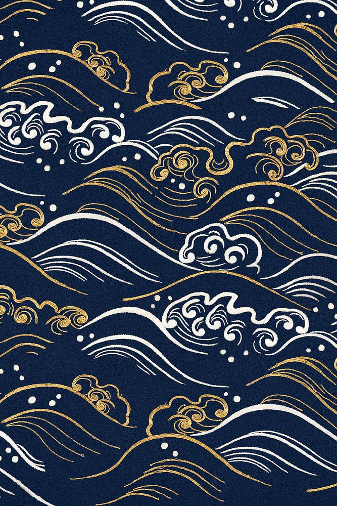 Blue wave pattern background, featuring public domain artworks