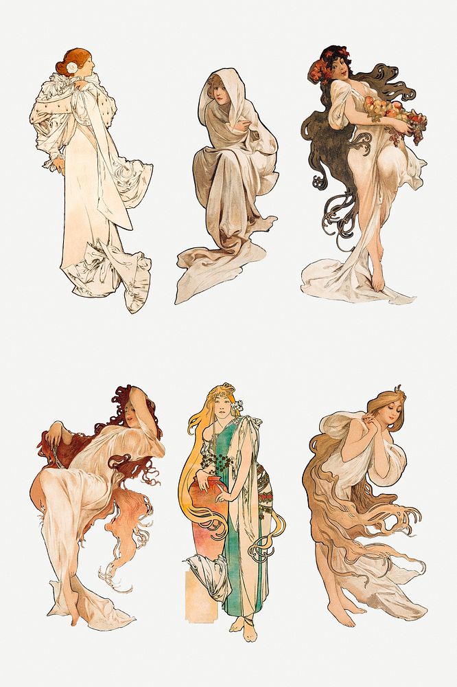 Art nouveau lady psd illustration set, remixed from the artworks of Alphonse Maria Mucha